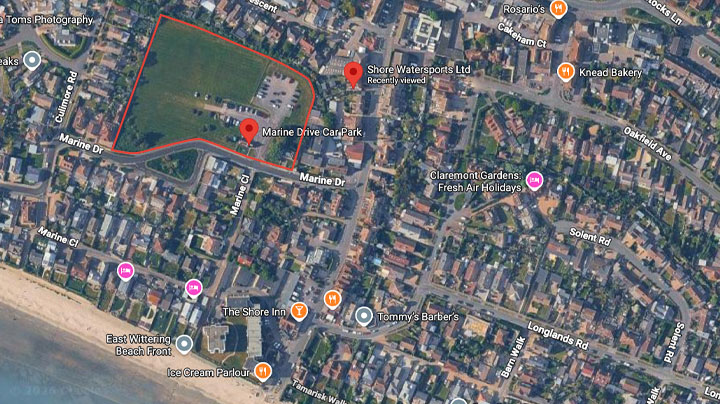 Map graphic showing Marine Drive car park PO20 8HE, East Wittering beach, East Wittering village and Shore Watersports
