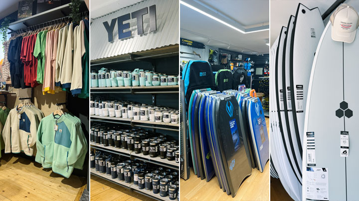 Image of beach day products at Shore Watersports including wetsuits bodyboards flip flops and beach accessories