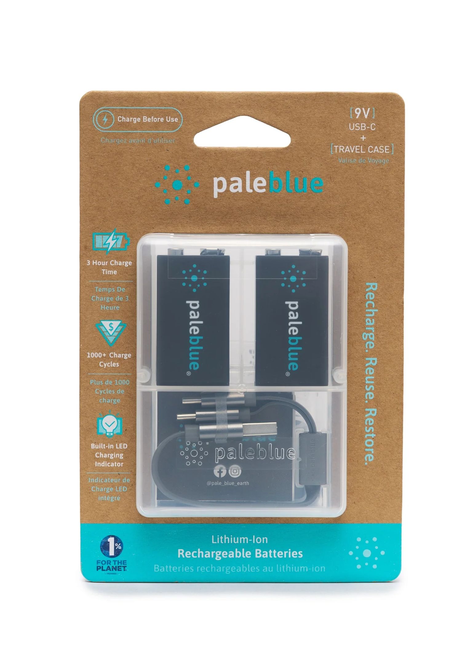 Pale Blue 9V USB-C Rechargeable Battery 2 Pack